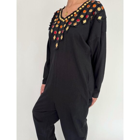 80s black embellished funky crazy one piece long sleeved cotton pant jumpsuit - Picture 4 of 9